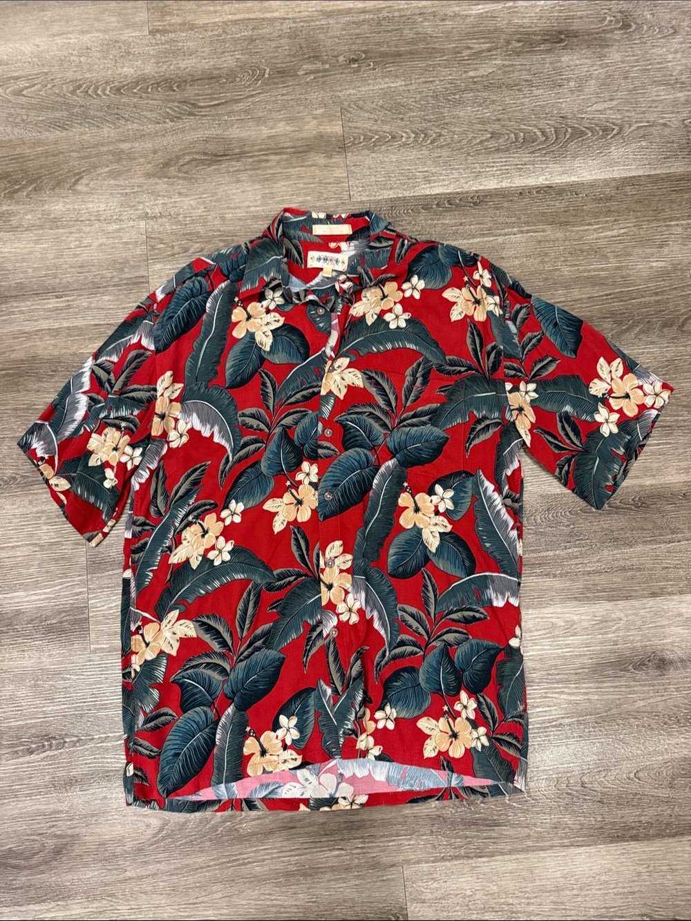 Campia Moda Hawaiian tropical aloha button down shirt red hibiscus medium